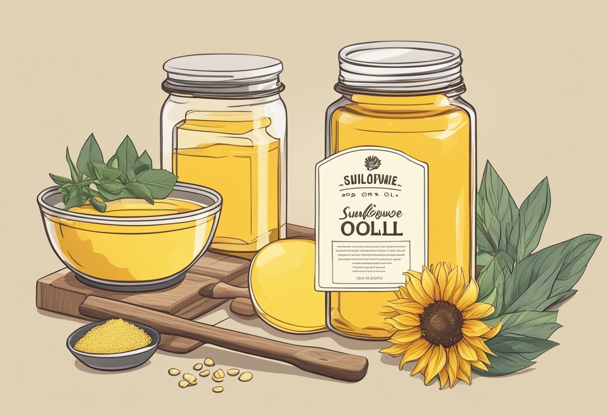 A jar of sunflower oil and ginger oil sits on a table, surrounded by ingredients for a homemade foot soak. The oils are being mixed together in a bowl, creating a warm and soothing mixture