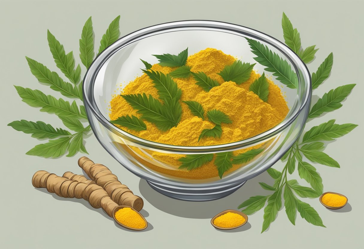 A clear glass bowl filled with a mixture of neem oil and turmeric, surrounded by fresh turmeric roots and neem leaves