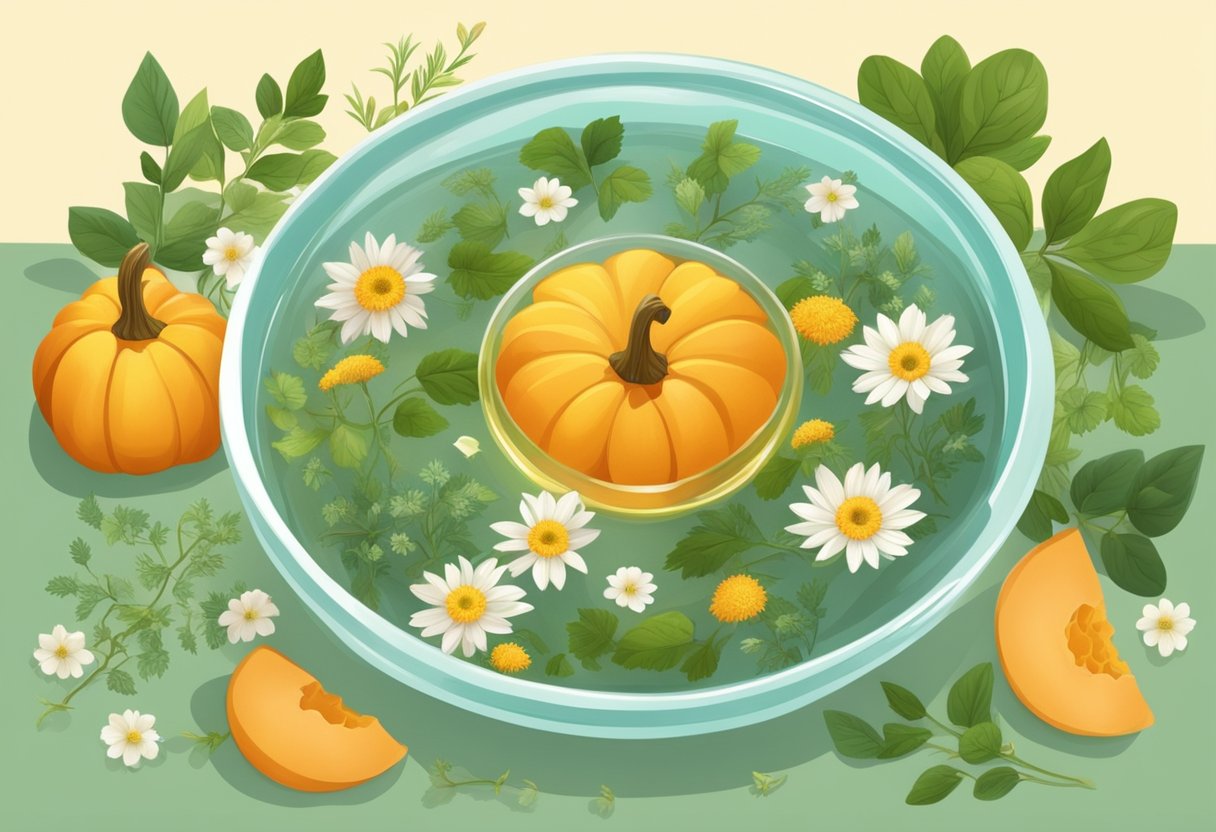 A clear glass foot soak basin filled with pumpkin seed oil and apple cider vinegar, surrounded by fresh herbs and flowers