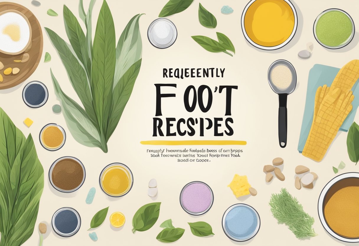 A collection of ingredients and tools for homemade foot soak recipes arranged on a clean, well-lit surface. Text "Frequently Asked Questions 23 Best DIY Homemade Foot Soak Recipes For Dry Feet" is visible in the background
