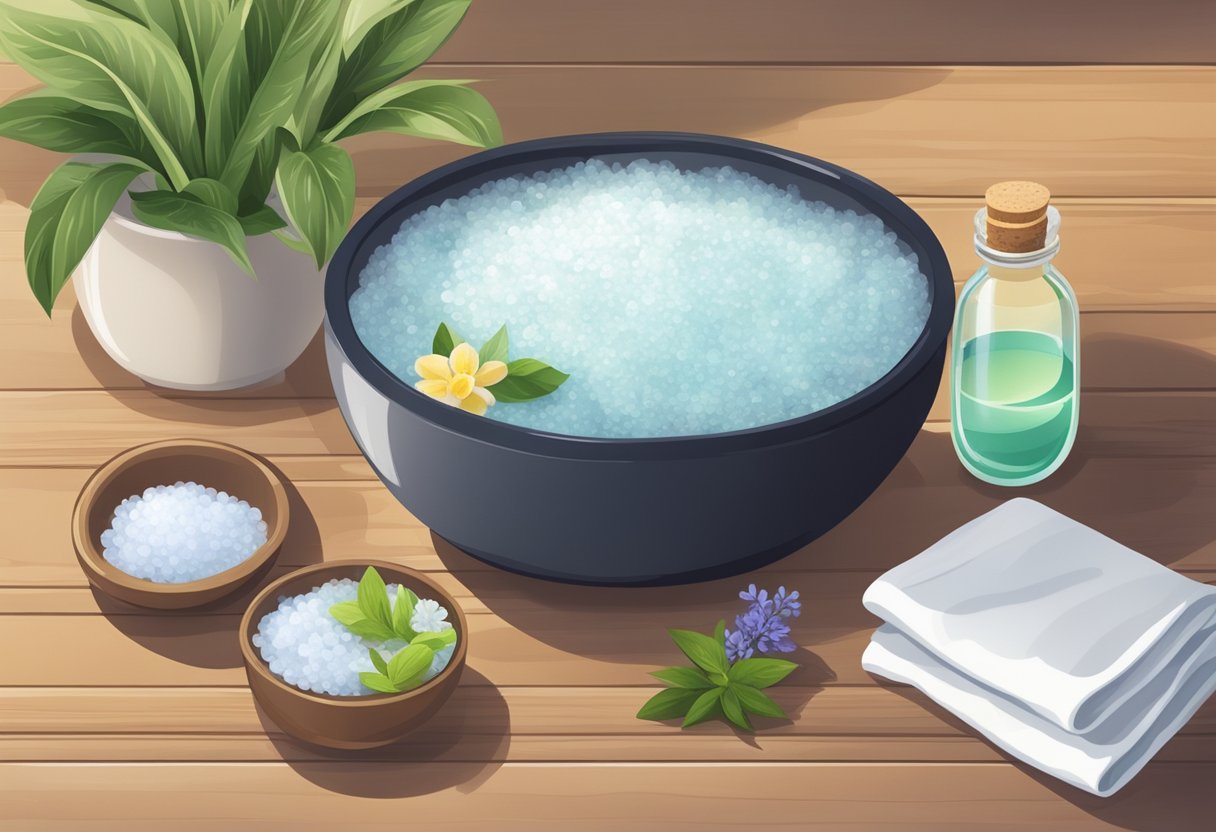 A basin filled with homemade foot soak ingredients, such as Epsom salt, essential oils, and warm water, placed on a wooden surface with a towel nearby