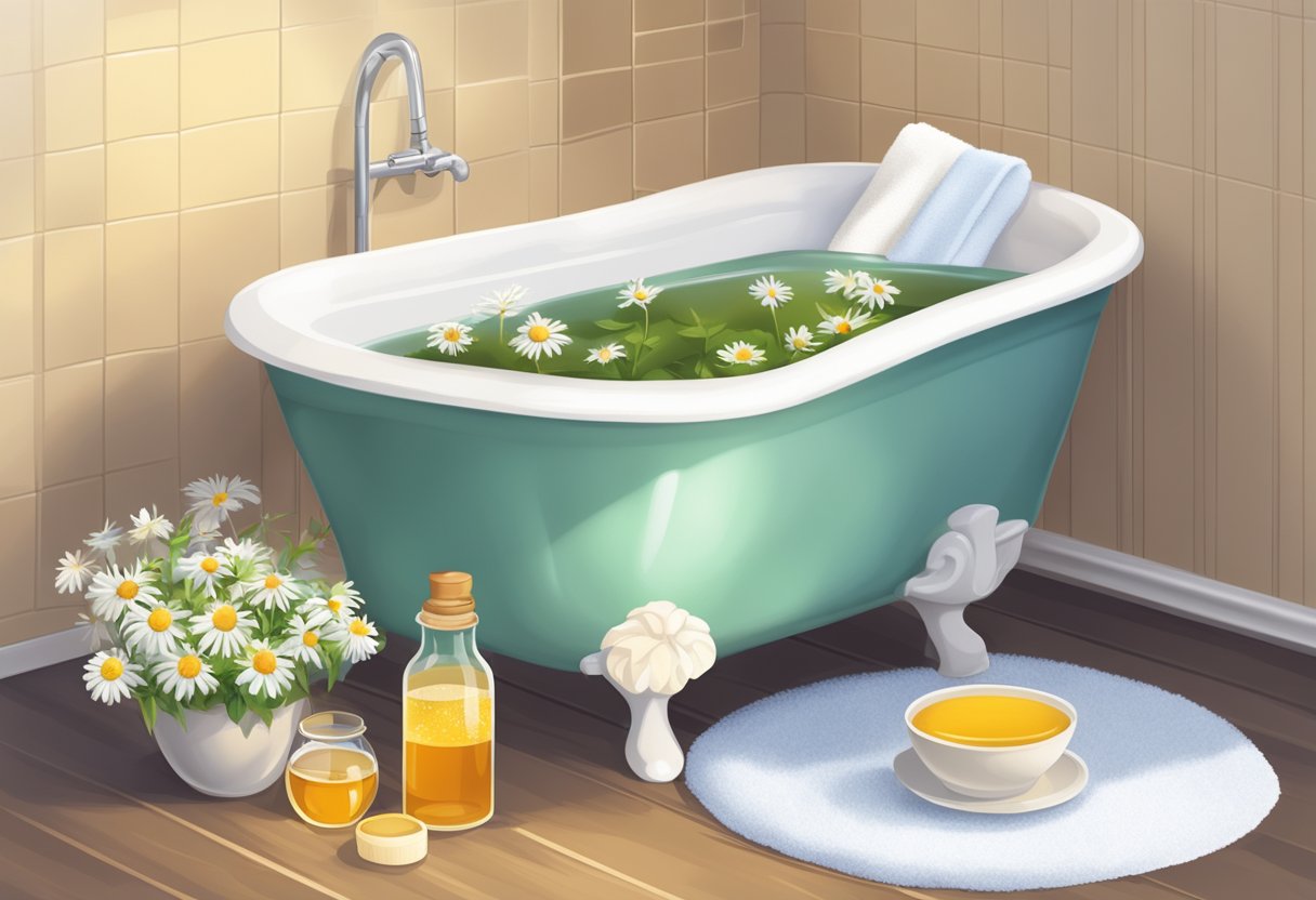 A foot soaking tub filled with chamomile tea and honey, with a soft towel nearby