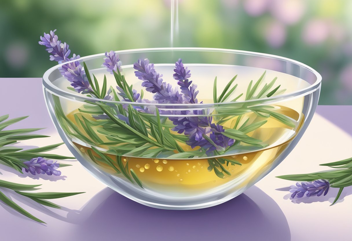 A clear glass bowl filled with water, drops of tea tree oil and lavender oil swirling together, surrounded by fresh lavender flowers and a sprig of tea tree leaves