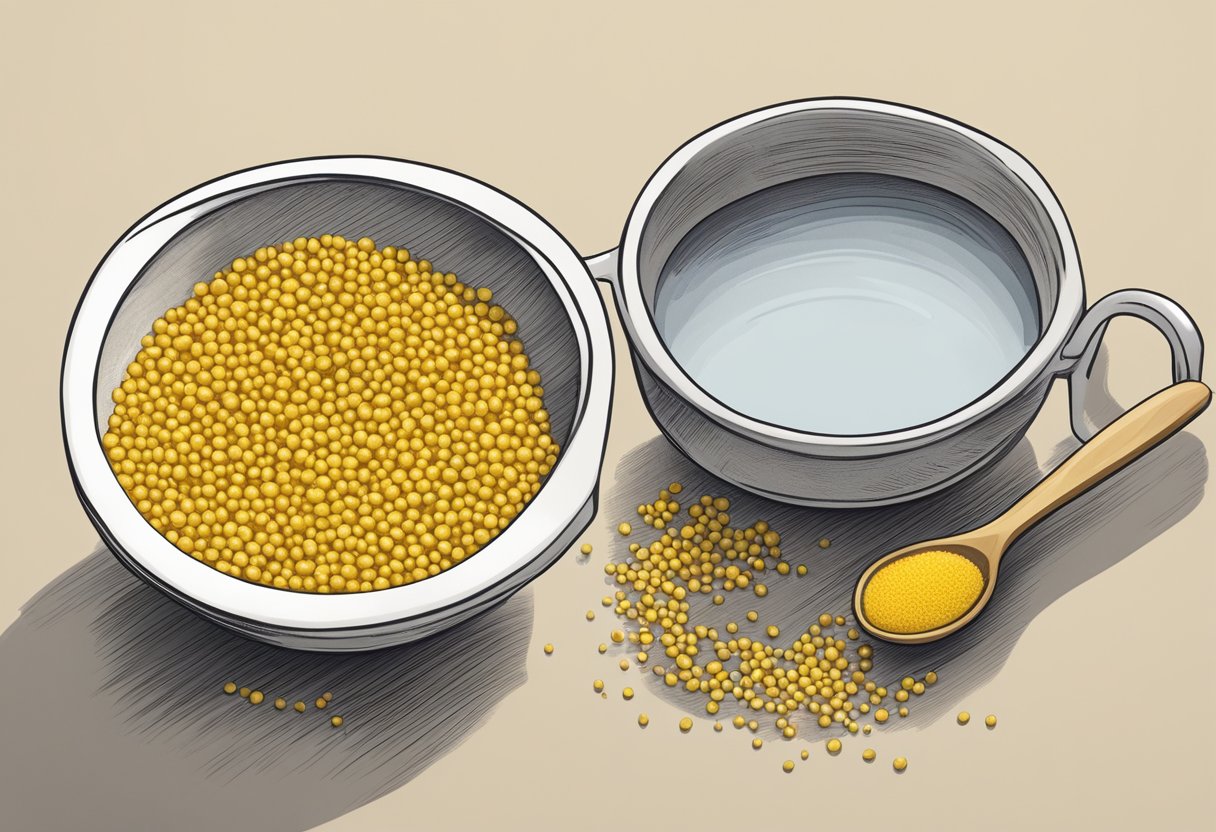 A small bowl of mustard seeds sits next to a steaming bowl of hot water, ready to be mixed for a stimulating foot soak