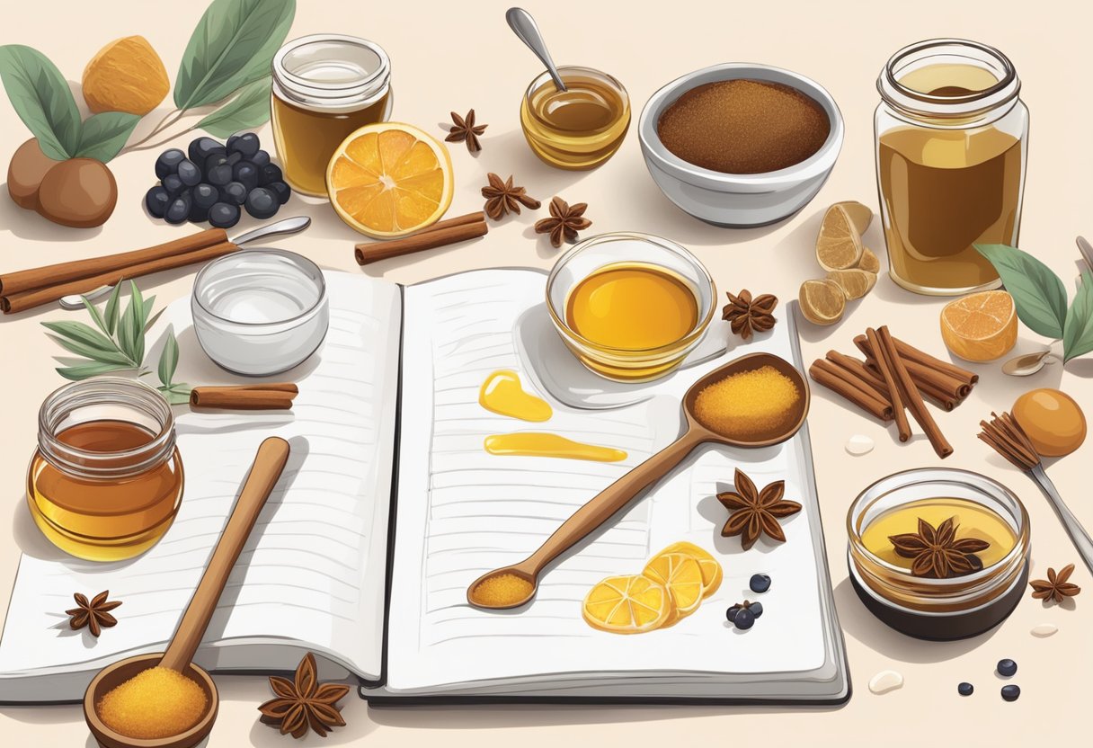 A table with various ingredients like cinnamon, honey, and oils. Mixing bowls, spoons, and jars are scattered around. A notebook with handwritten skincare recipes sits open
