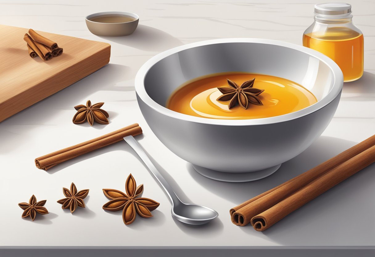 A small bowl filled with a mixture of cinnamon and honey sits on a clean, white countertop. A spoon is used to stir the ingredients together, creating a thick, aromatic mask