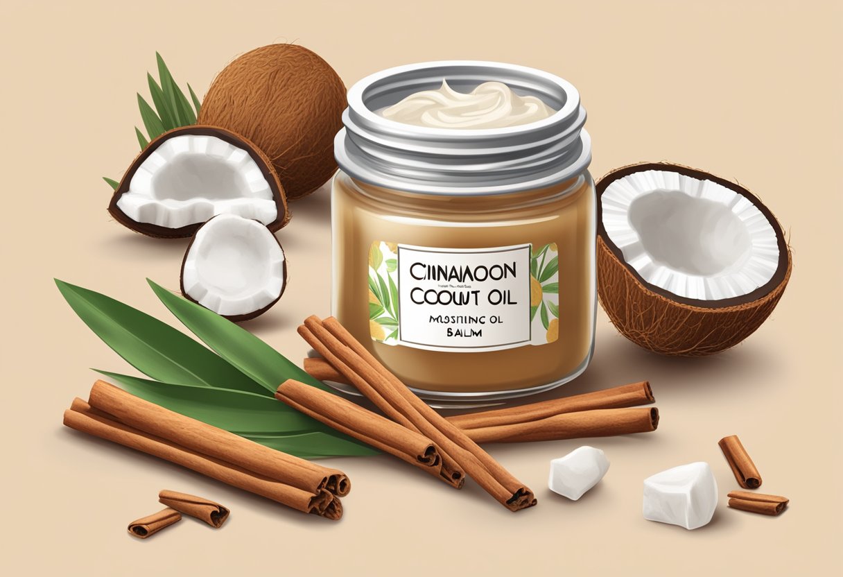 A small glass jar filled with creamy balm, labeled "Cinnamon and Coconut Oil Moisturizing Balm," surrounded by cinnamon sticks and coconut halves