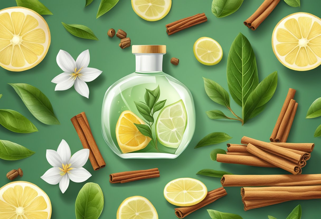 A glass bottle of pore-tightening toner surrounded by cinnamon sticks, green tea leaves, and other natural ingredients