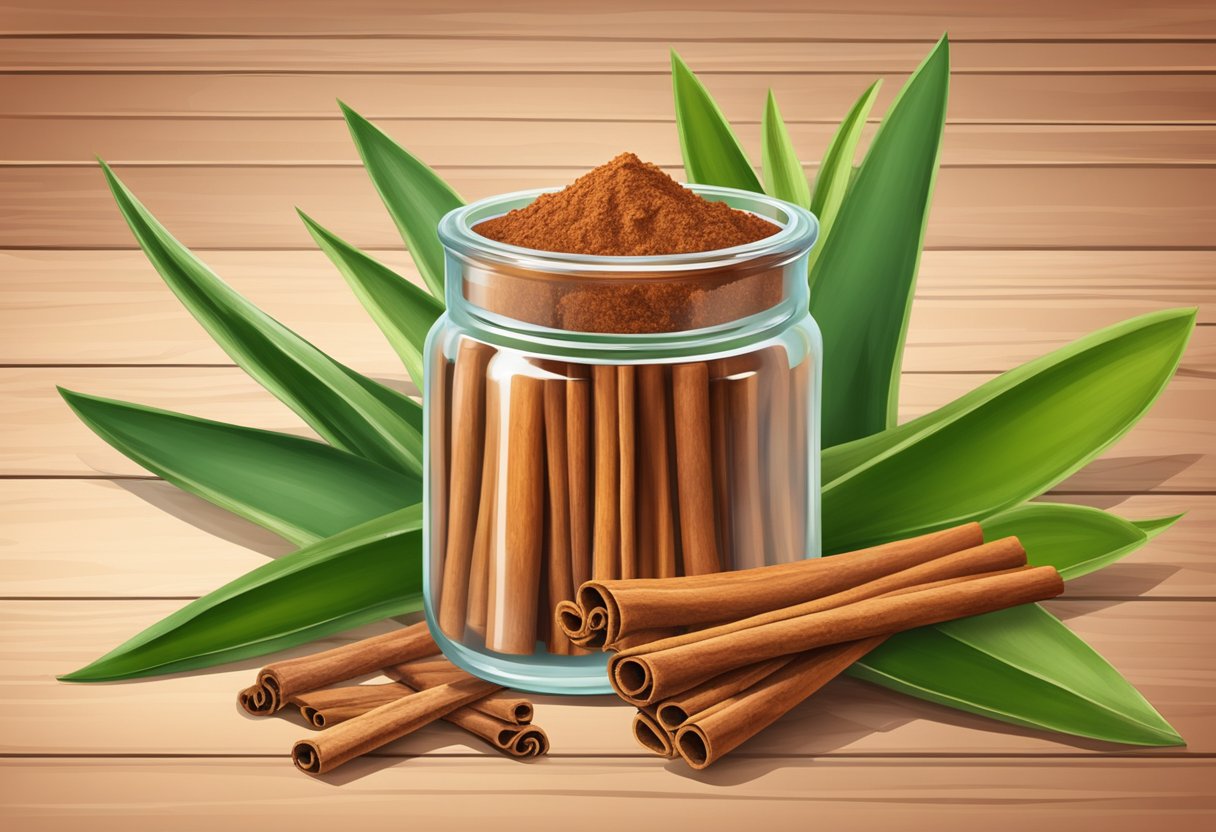 A glass jar of cinnamon and aloe vera healing gel surrounded by fresh cinnamon sticks and aloe vera leaves on a wooden surface