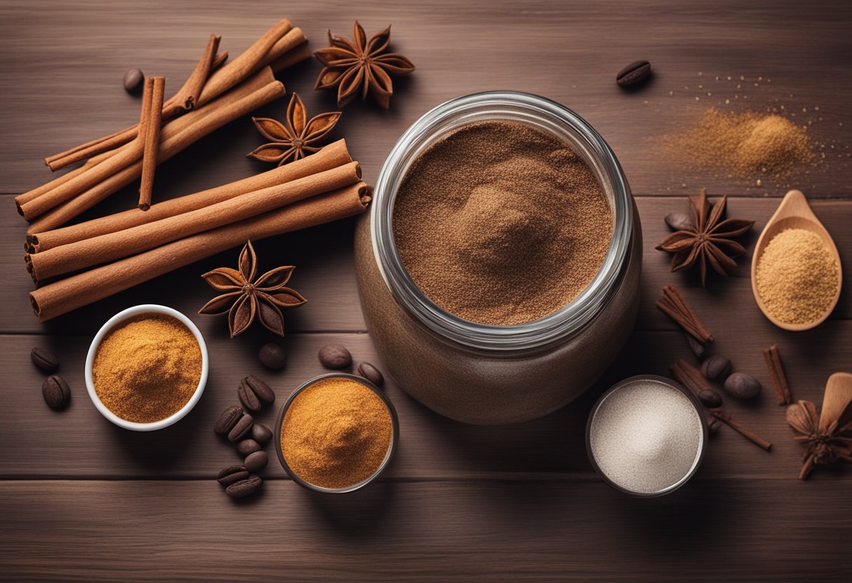 A jar of homemade cinnamon and coffee cellulite scrub sits on a wooden table surrounded by various natural skincare ingredients