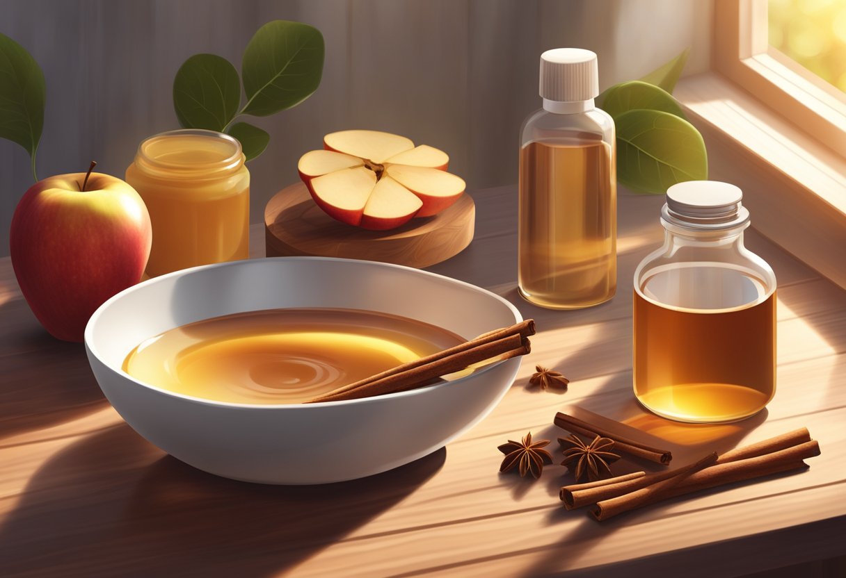 A small bowl of cinnamon and apple cider vinegar sits on a wooden table, surrounded by various skincare ingredients and tools. Sunlight streams in through a nearby window, casting a warm glow on the scene