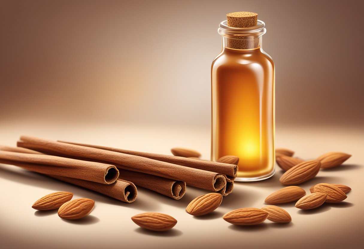 A glass bottle of brightening serum surrounded by cinnamon sticks and almonds, with a warm and inviting glow emanating from the mixture