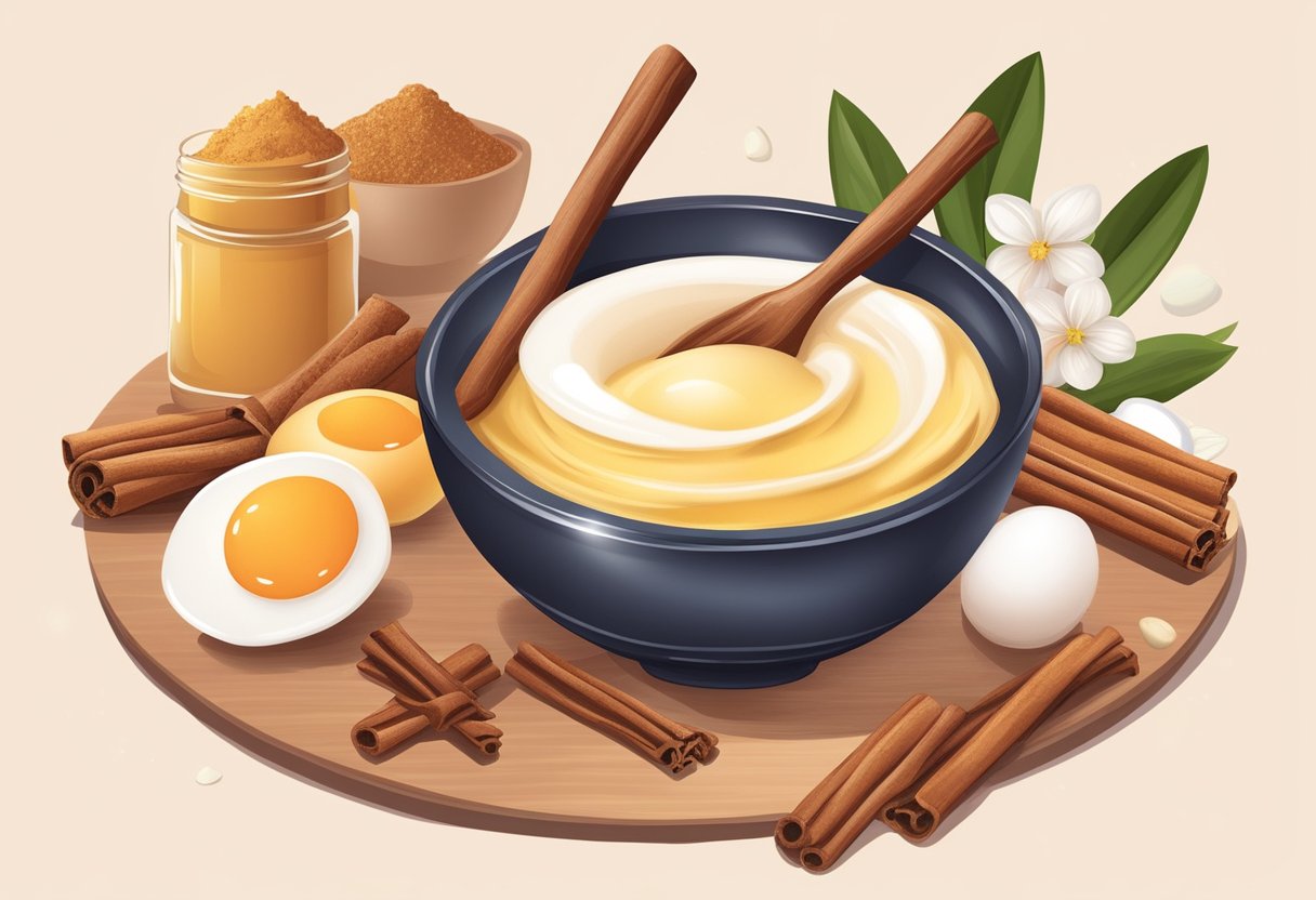 A bowl of cinnamon and egg white facial mask being mixed with a spoon, surrounded by various natural skincare ingredients and recipe book