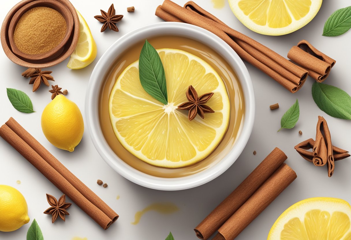 A small bowl with cinnamon and lemon juice mixed together, surrounded by other skincare ingredients