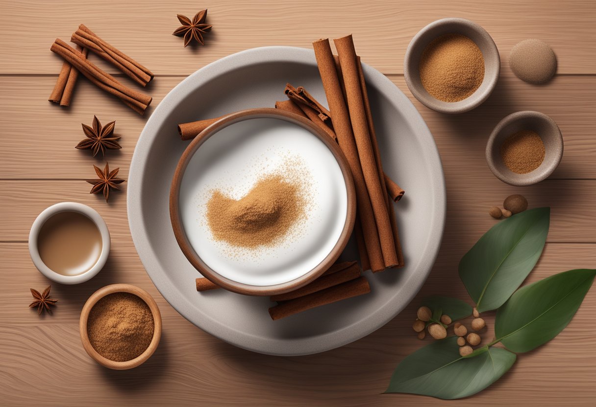 A bowl of cinnamon and milk exfoliating wash sits on a wooden table surrounded by natural skincare ingredients