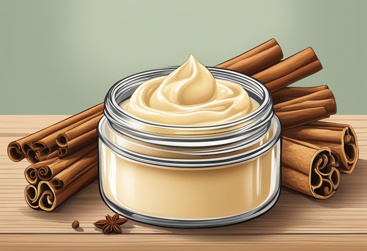 A jar of homemade foot cream surrounded by cinnamon sticks and shea butter, with a natural and rustic feel