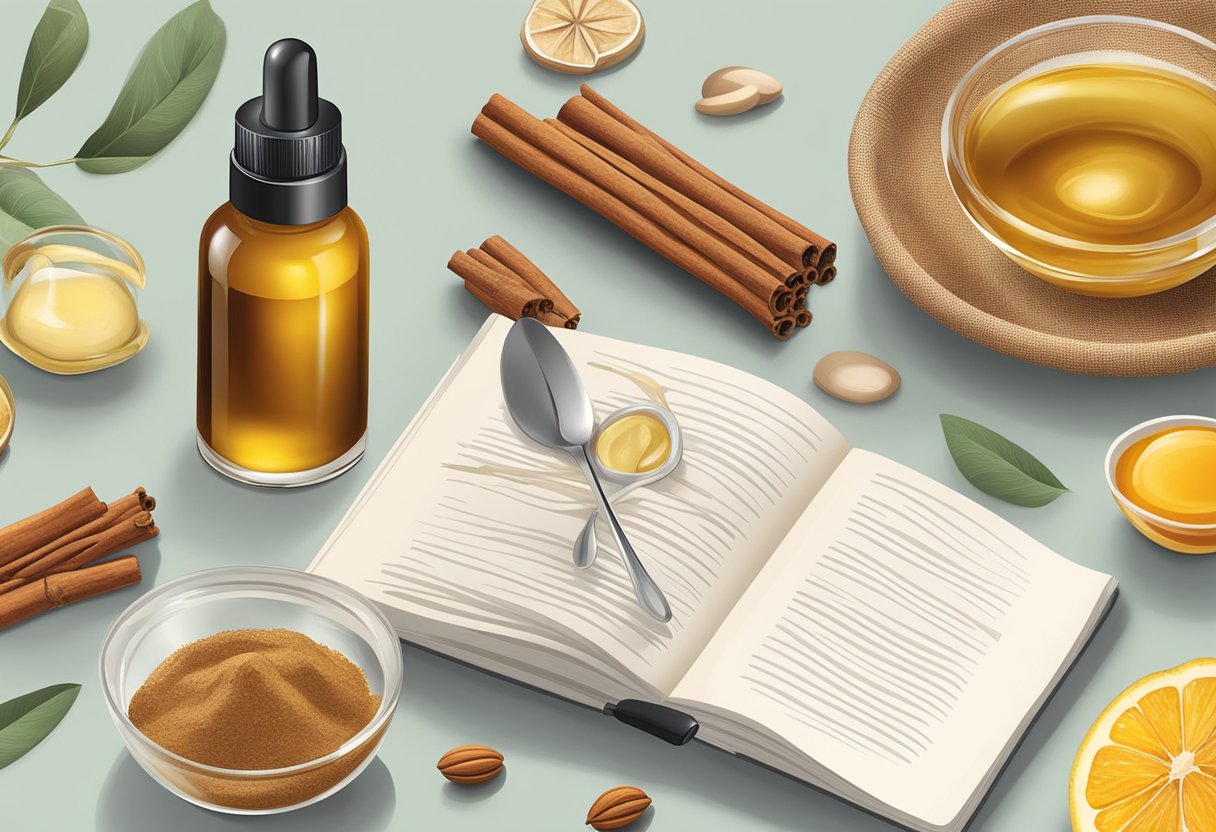 A bottle of anti-aging serum sits next to a bowl of cinnamon, argan oil, and other natural ingredients. A recipe book lays open, showcasing 25 DIY skincare recipes