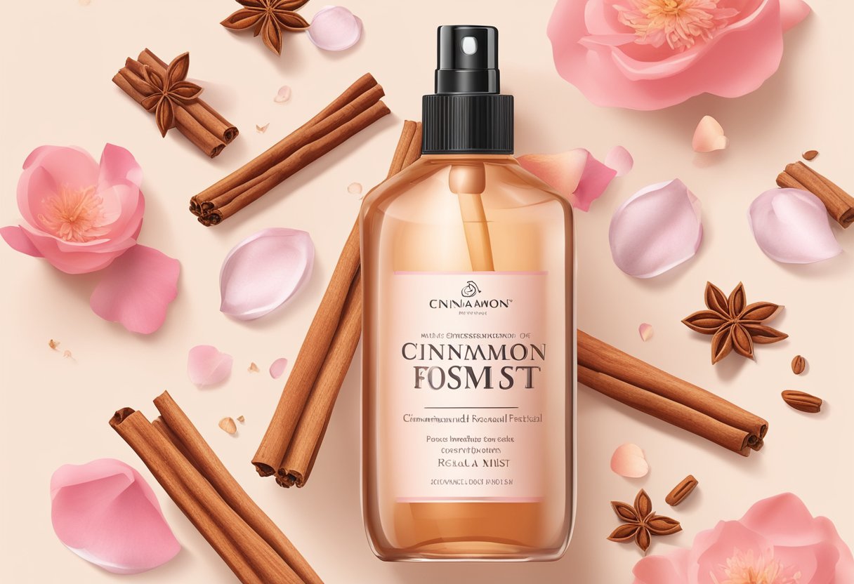 A clear glass spray bottle filled with a warm-toned liquid, labeled "Cinnamon And Rosewater Facial Mist." A scattering of cinnamon sticks and rose petals surround the bottle, evoking a natural and homemade skincare product