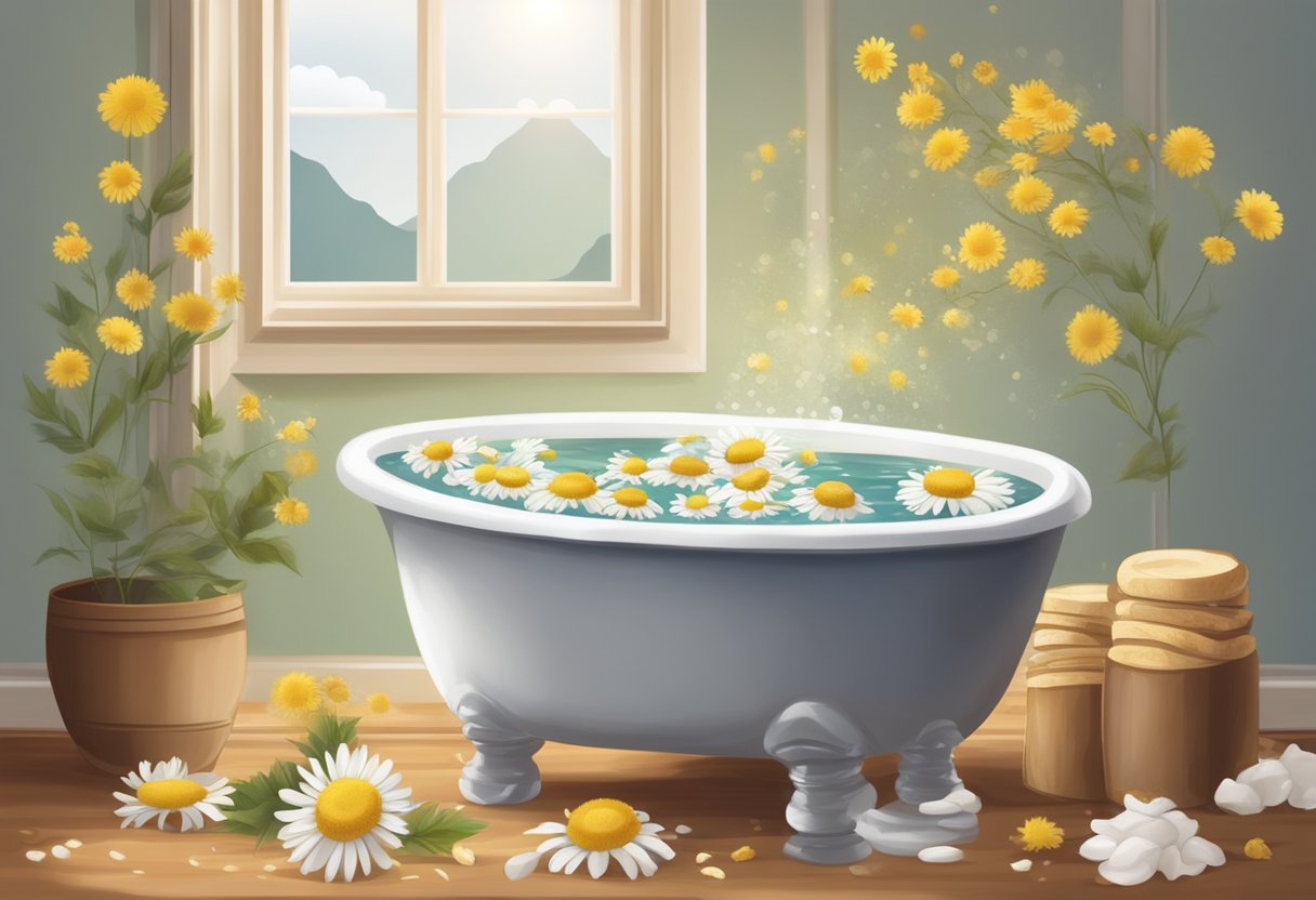 A warm bath filled with chamomile flowers and cinnamon sticks, releasing a soothing aroma