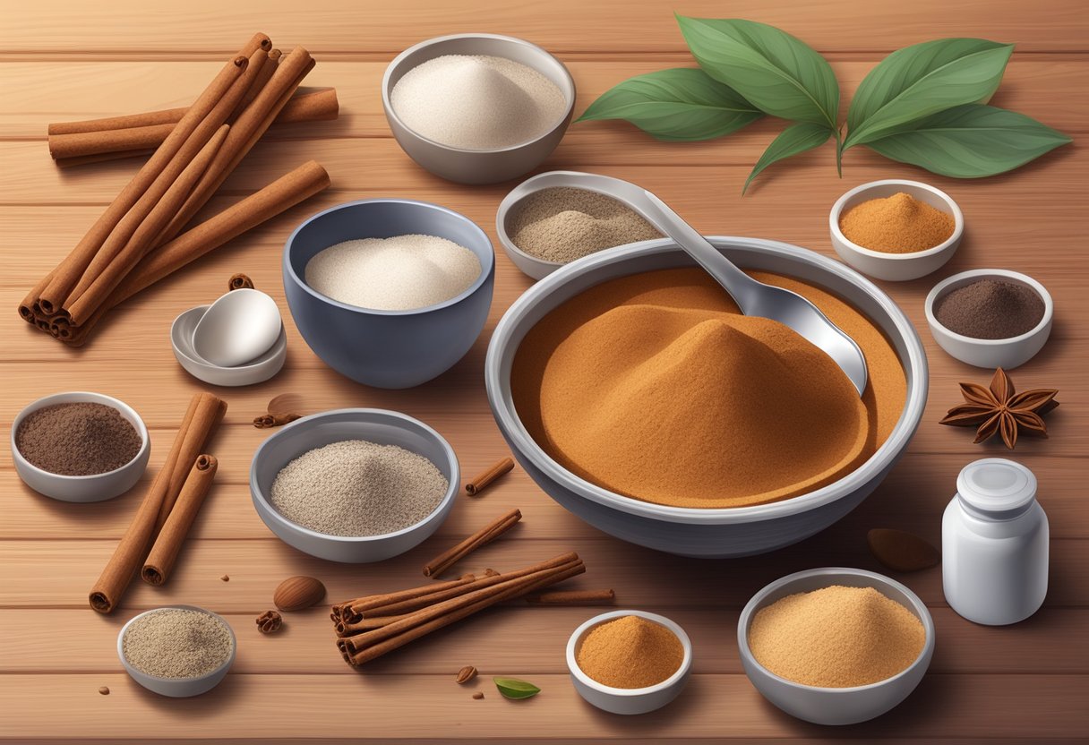 A small bowl filled with a mixture of cinnamon and clay sits on a wooden table, surrounded by various natural skincare ingredients. A spoon and measuring cups are nearby