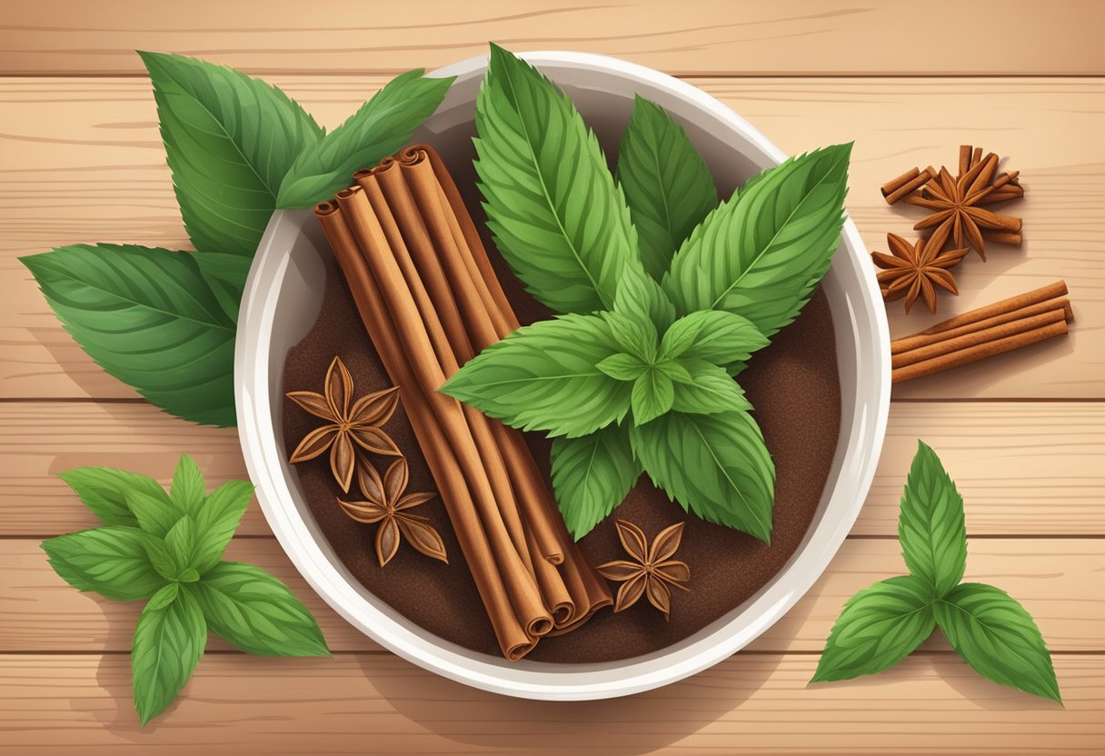 A bowl filled with a cinnamon and peppermint foot soak, surrounded by fresh cinnamon sticks and peppermint leaves on a wooden surface