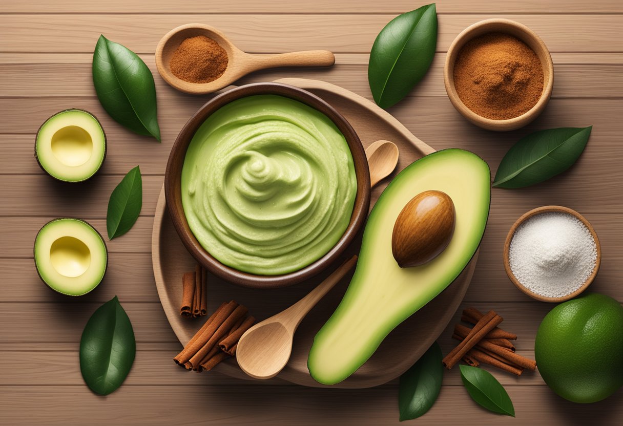A bowl of avocado and cinnamon hair mask sits on a wooden table surrounded by natural skincare ingredients