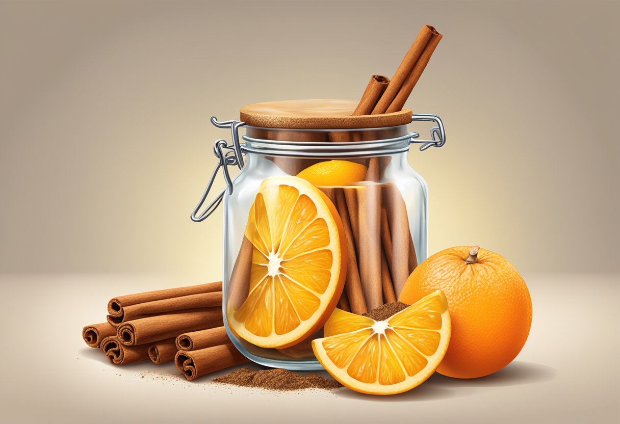 A glass jar filled with orange peel and cinnamon sticks, surrounded by fresh oranges and cinnamon powder