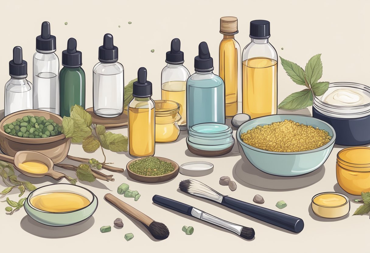 A table filled with various skincare ingredients and tools for making homemade witch hazel skincare products