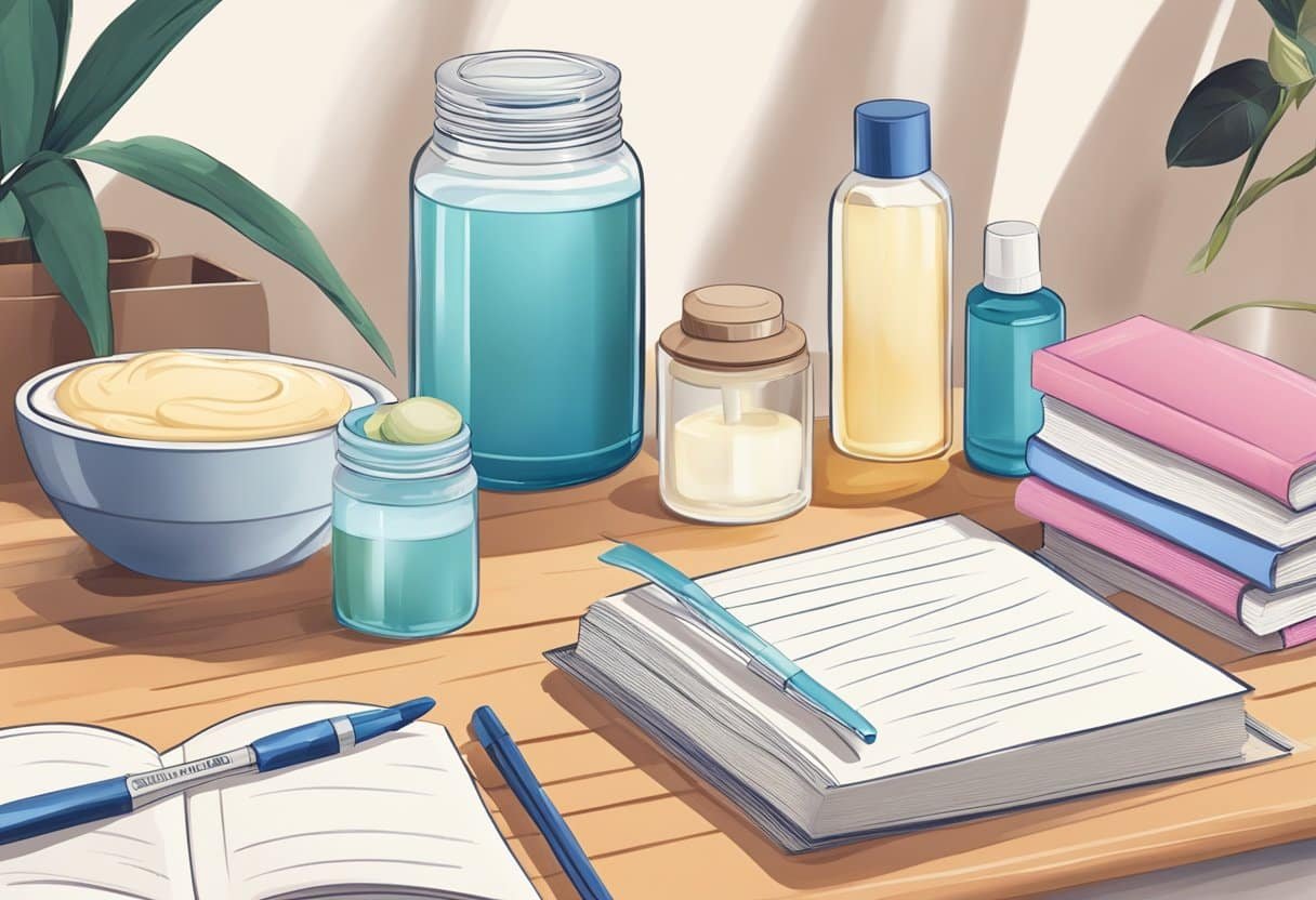 A table with various skincare ingredients and a jar of Vaseline, surrounded by recipe books and notes