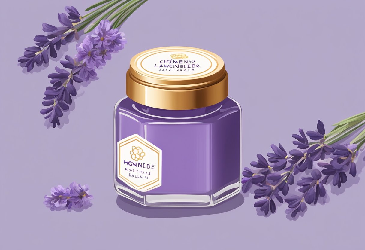 A small glass jar filled with creamy honey lavender lip balm, surrounded by fresh lavender flowers and a honeycomb