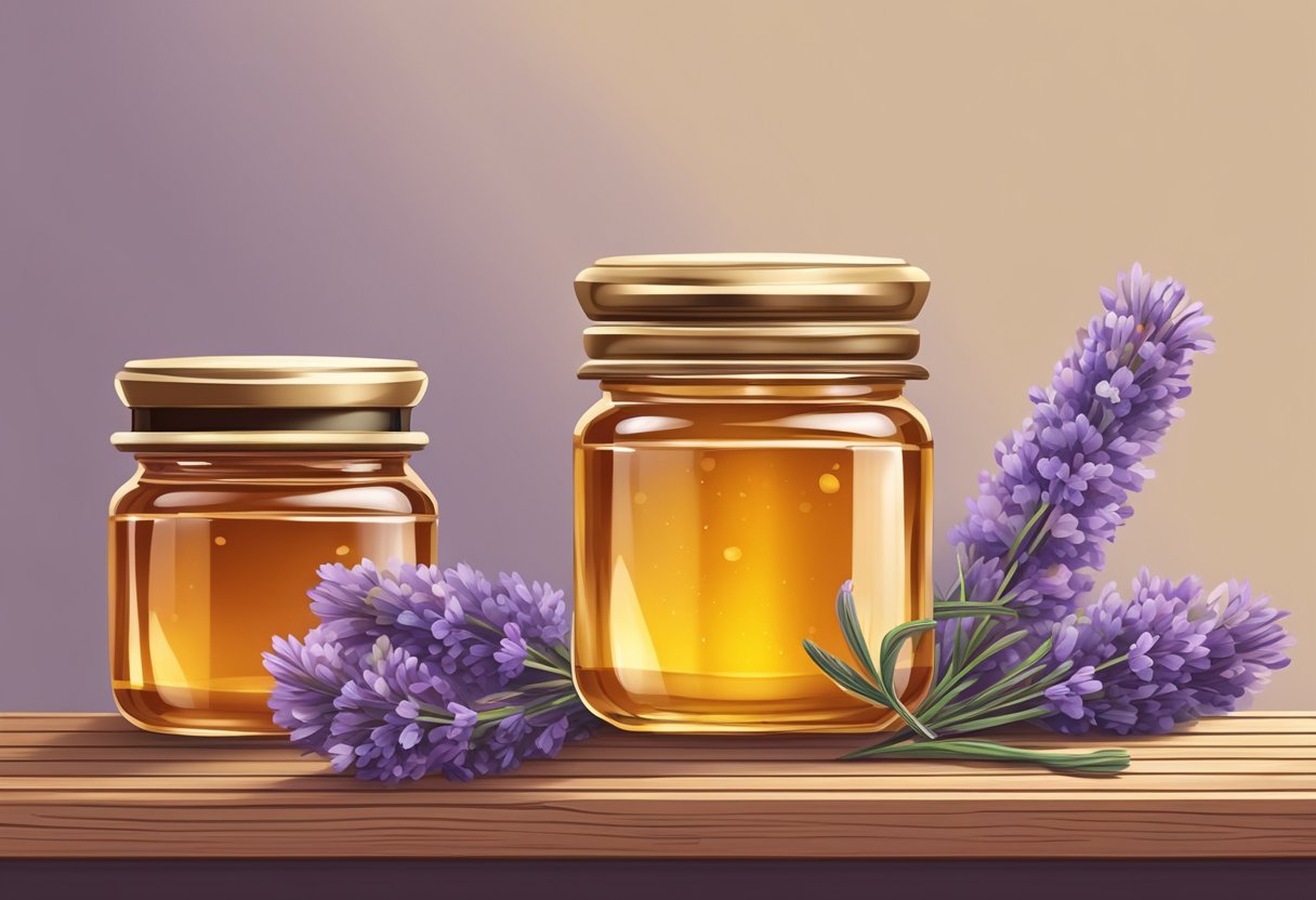 A glass jar of honey, a bundle of dried lavender, and a small tin of lip balm on a wooden shelf