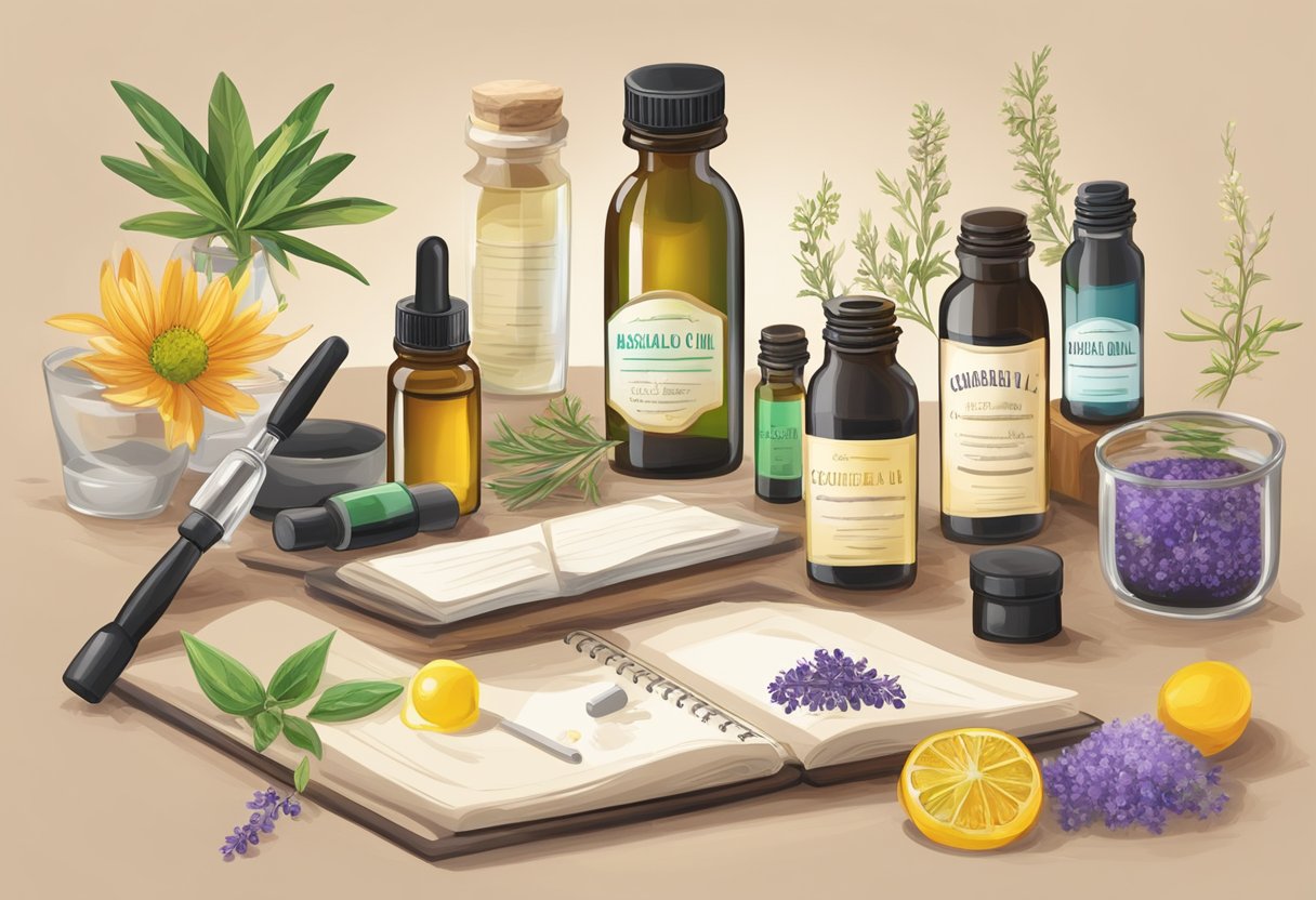 A table with various essential oils, carrier oils, and measuring tools. A notebook with oil blend recipes open next to a labeled dropper bottle