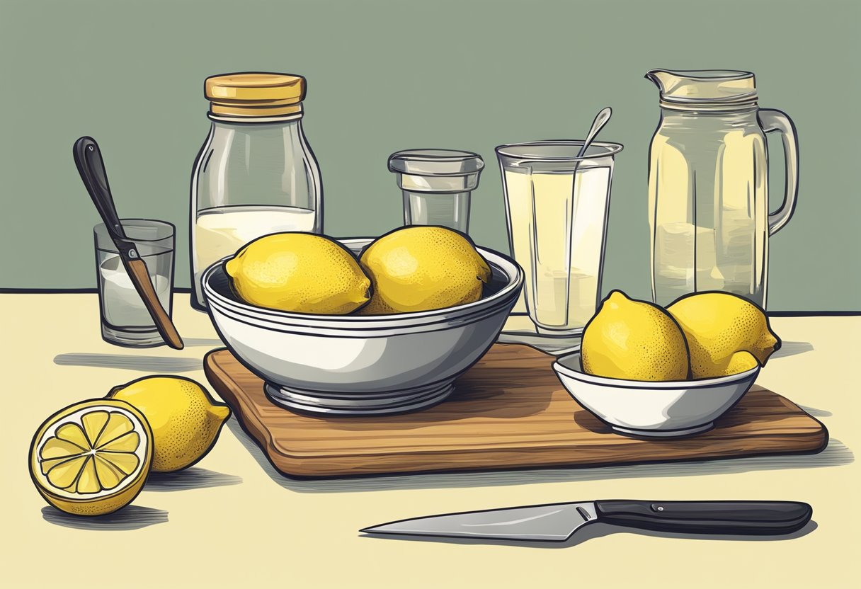 A bowl of lemons, a cutting board, a knife, and a small mixing bowl with ingredients such as lemon juice, honey, and yogurt