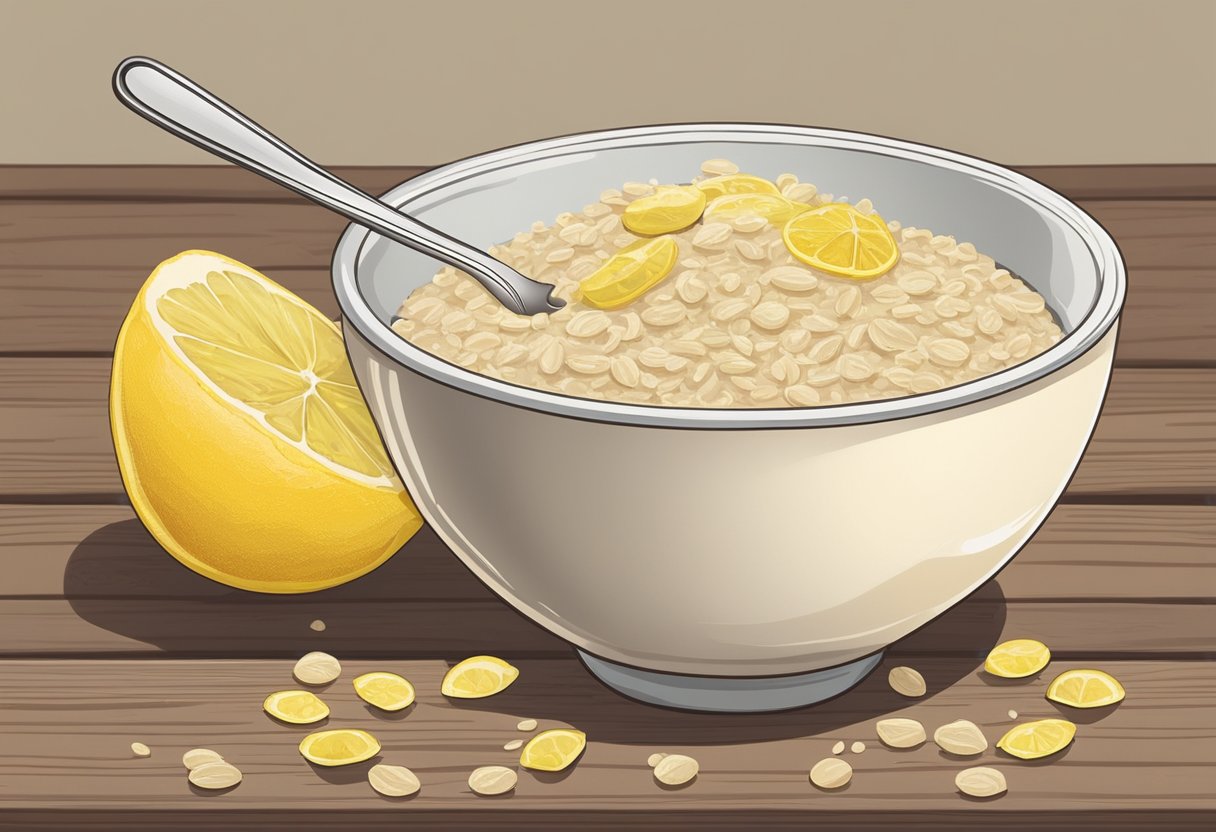 A bowl of oatmeal and lemon sit on a wooden table. A spoon mixes the ingredients together to create a thick, exfoliating mask