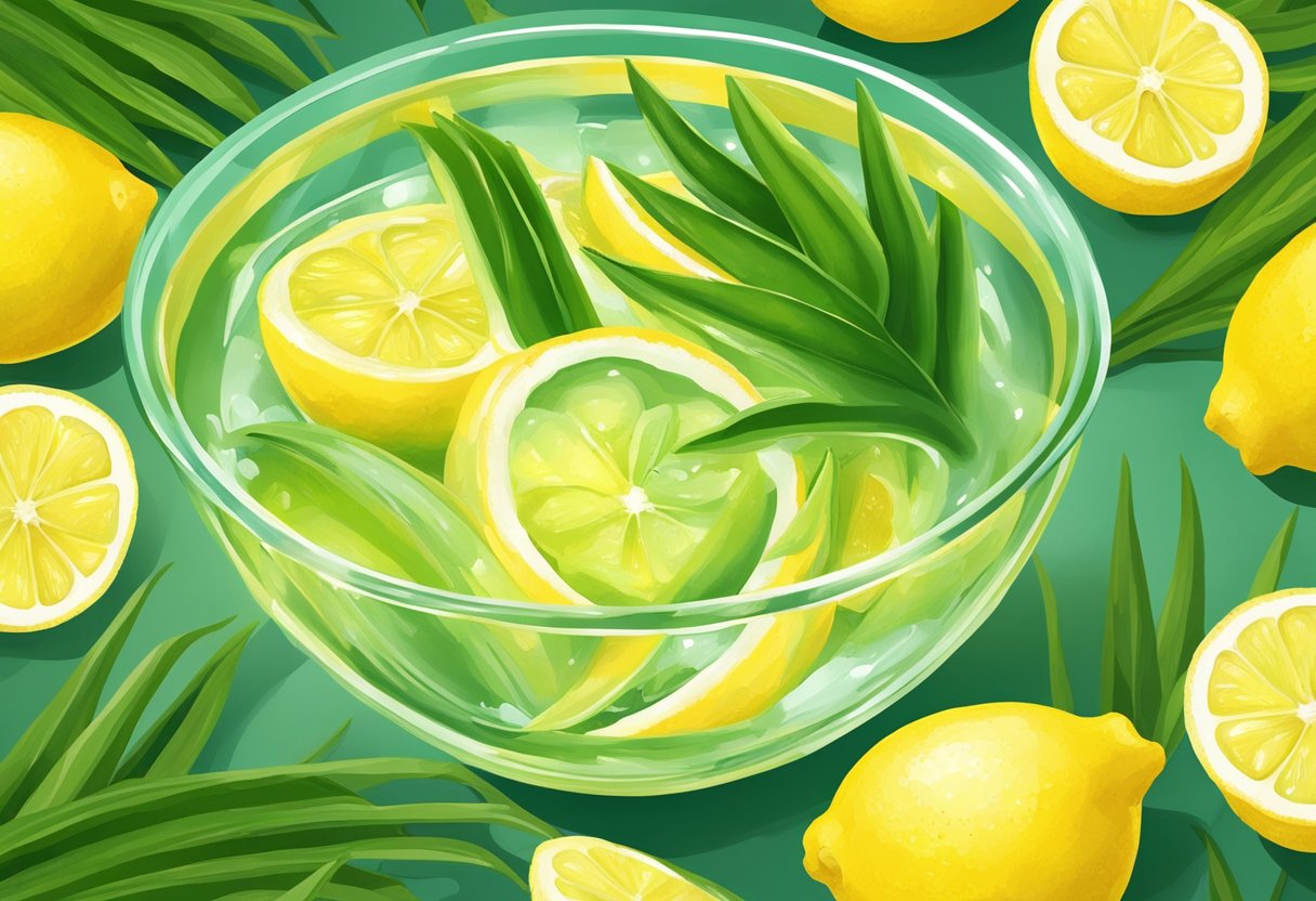A glass bowl filled with freshly squeezed lemon juice and aloe vera gel, surrounded by vibrant green aloe vera leaves and bright yellow lemons
