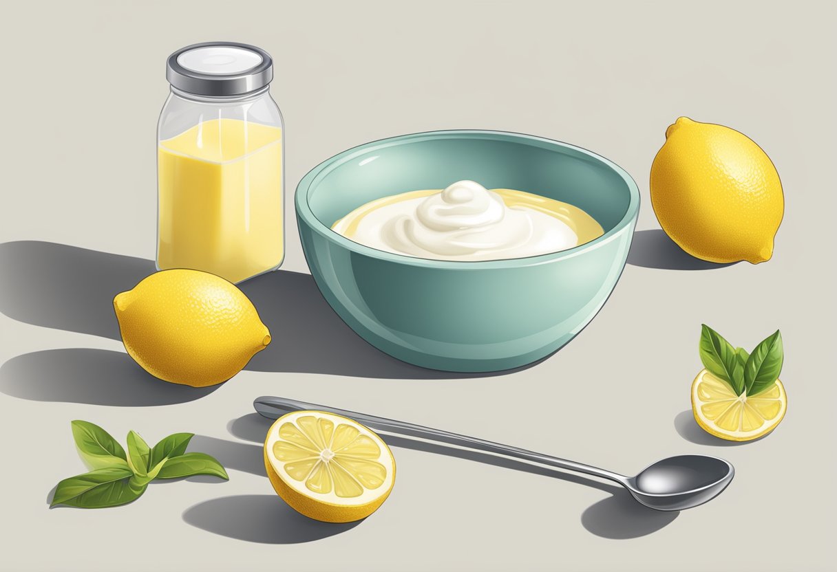 A bowl of fresh lemons, a jar of milk cream, and a mixing spoon on a clean kitchen counter