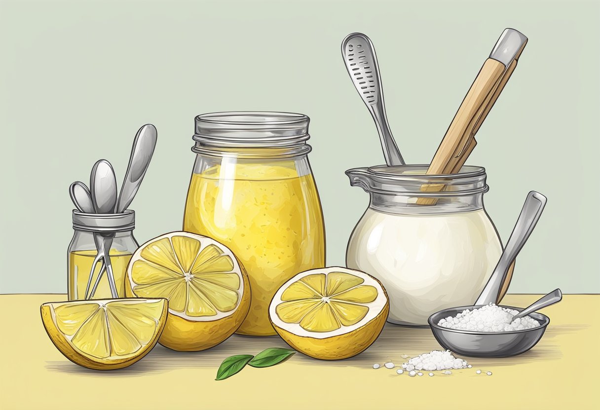 A table with ingredients (lemon, beeswax, coconut oil) and tools (measuring spoons, mixing bowl, double boiler) for making lemonade lip balm