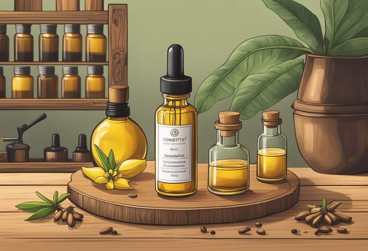 A glass bottle sits on a wooden table surrounded by vials of ylang-ylang and sandalwood essential oils. A dropper hovers over the bottle, ready to mix the fragrant concoction