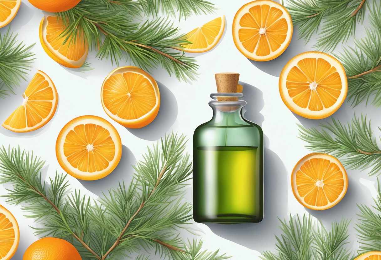 A glass bottle filled with cedarwood and orange essential oils, surrounded by fresh cedar leaves and sliced oranges