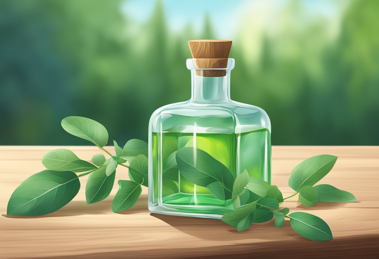 A clear glass bottle sits on a wooden table, filled with a vibrant green liquid. Sprigs of eucalyptus and spearmint float inside, infusing the air with a refreshing scent