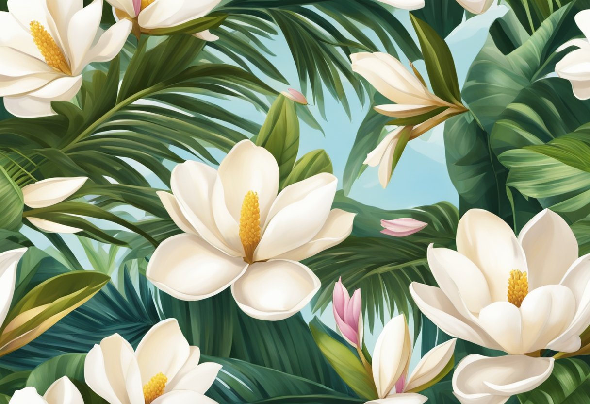 Bright magnolia and coconut trees sway in the warm tropical breeze, releasing a sweet, floral scent. A table is set with essential oils and bottles, ready for perfume-making