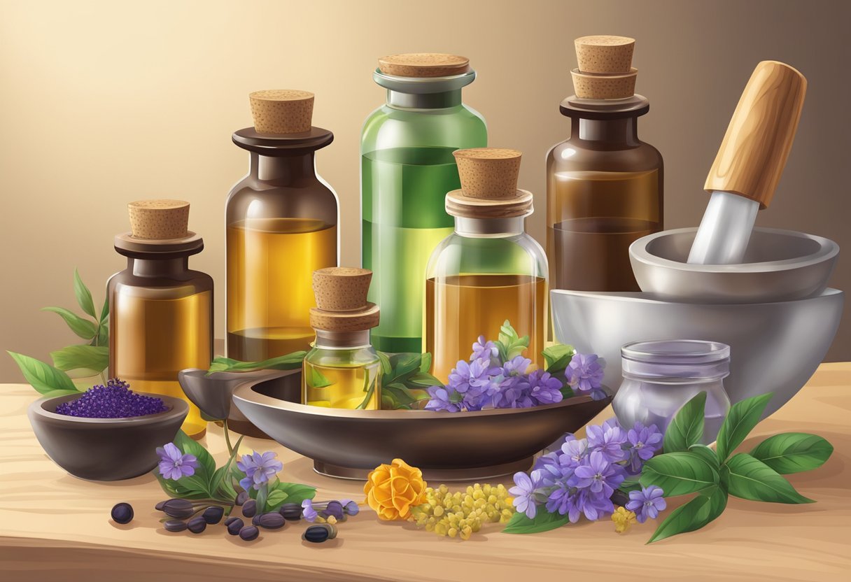 A table with various essential oils, a mortar and pestle, and small glass bottles for mixing and storing perfume
