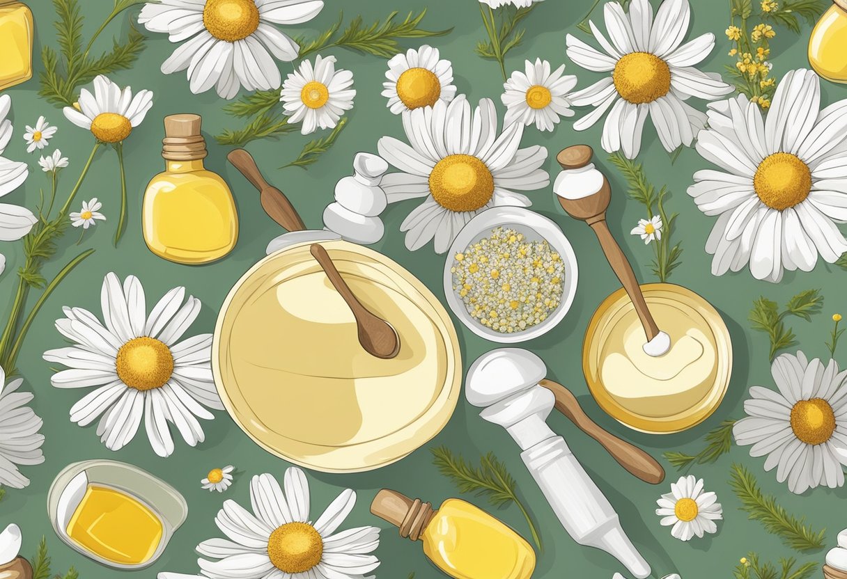 A table filled with chamomile flowers, essential oils, and various skincare ingredients. A mortar and pestle sits next to a mixing bowl, ready for the creation of homemade skincare solutions