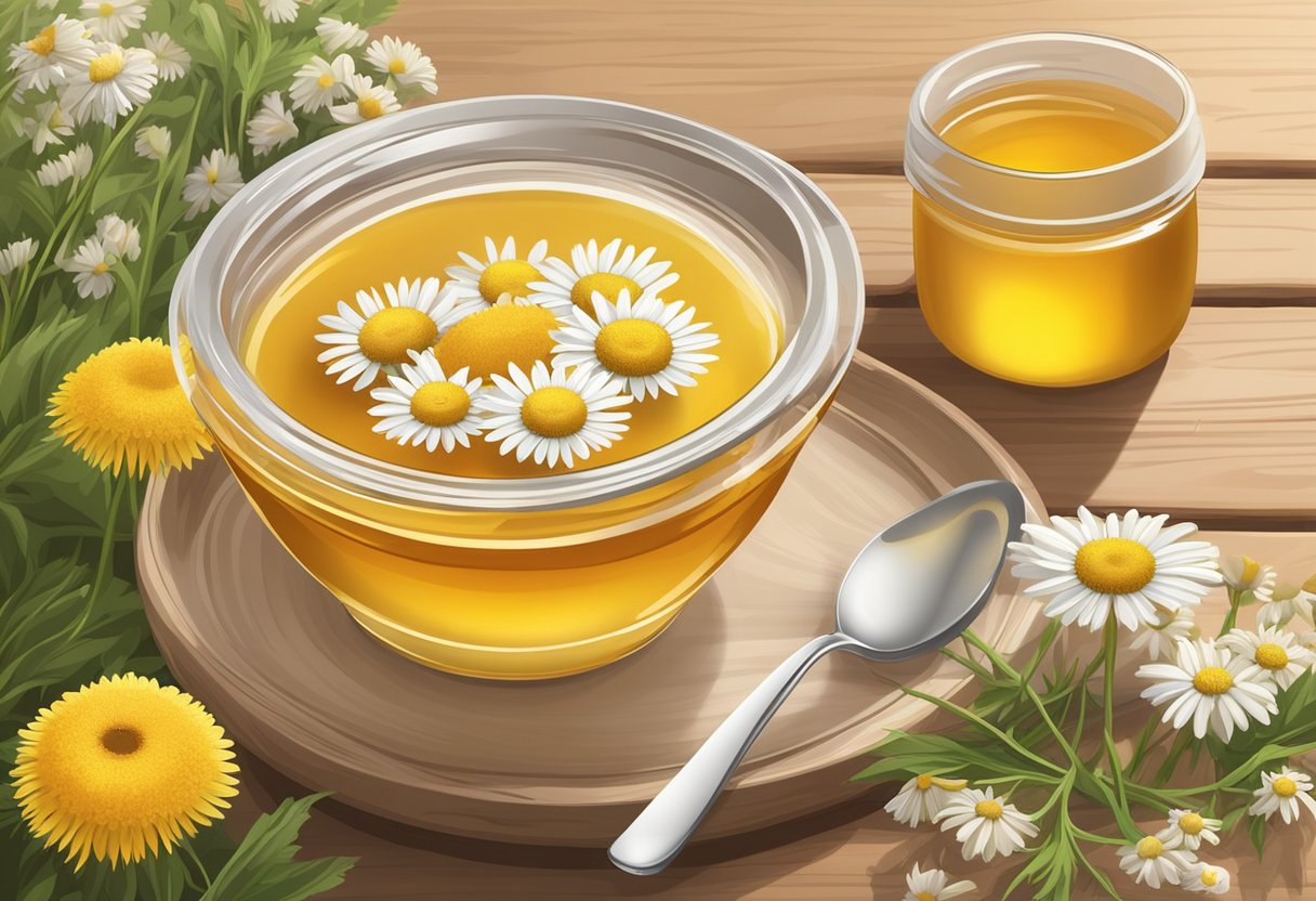 A bowl of chamomile and honey face mask sits on a wooden table surrounded by fresh chamomile flowers and a jar of honey