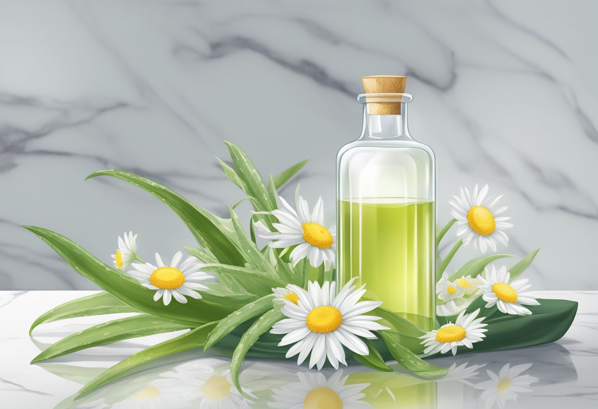 A clear glass bottle filled with chamomile and aloe vera gel sits on a marble countertop, surrounded by fresh chamomile flowers and aloe vera leaves