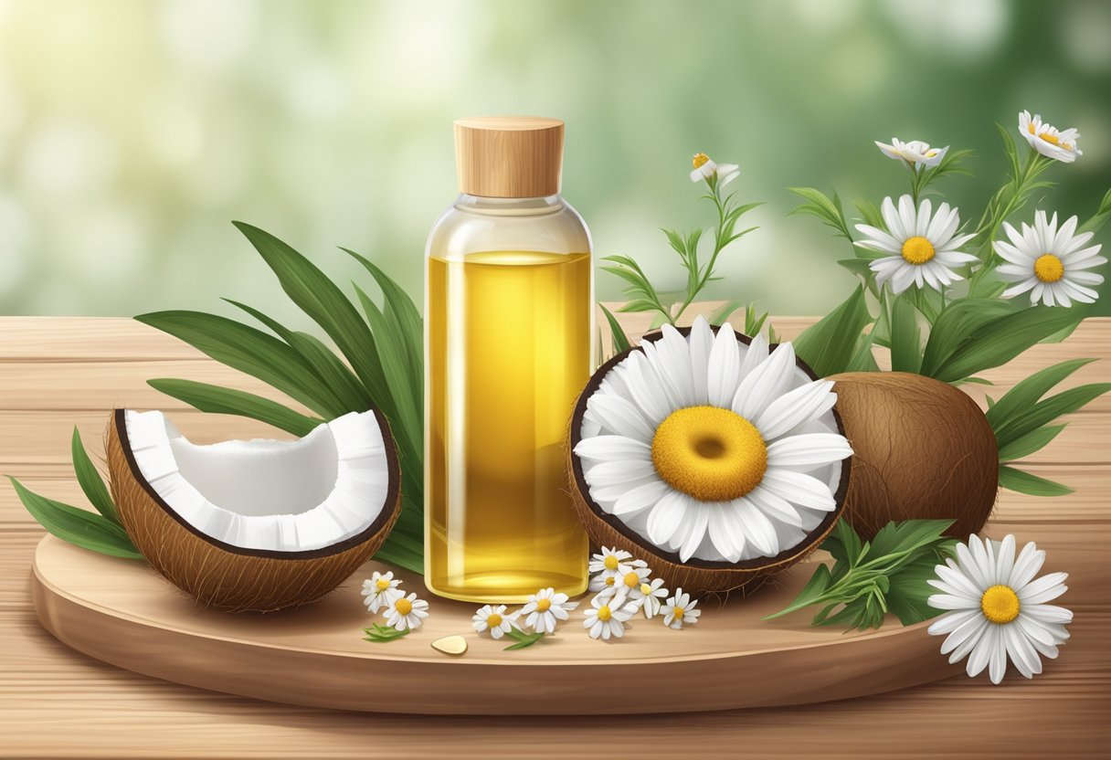 A clear glass bottle with chamomile flowers and coconut oil, surrounded by various skincare ingredients and tools on a wooden table