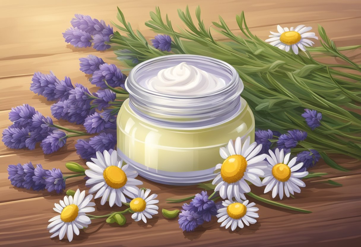 A small jar of chamomile and lavender night cream surrounded by fresh chamomile flowers and lavender sprigs on a wooden table