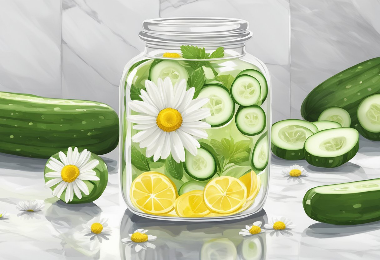 A clear glass jar filled with chamomile and cucumber infused gel, surrounded by fresh chamomile flowers and sliced cucumbers on a white marble countertop