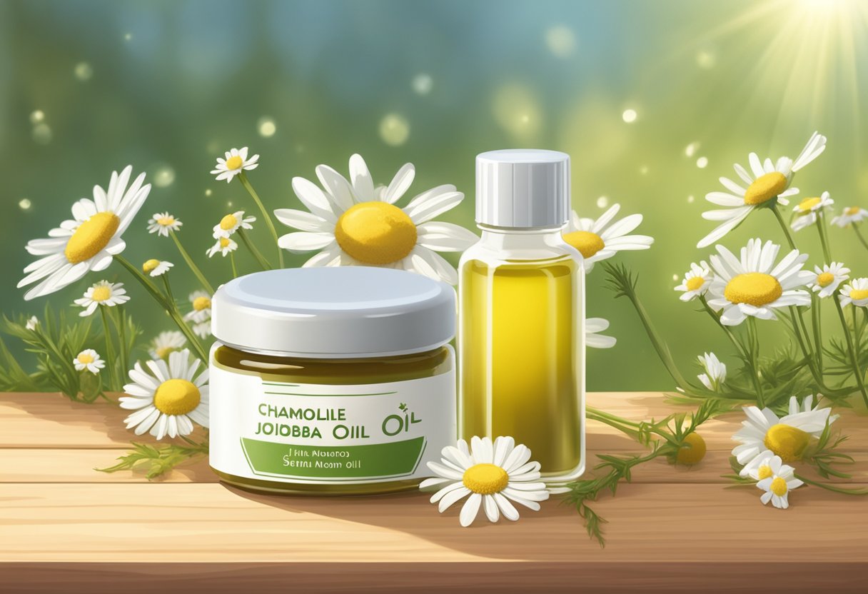 A small jar of chamomile and jojoba oil balm sits on a wooden table, surrounded by fresh chamomile flowers and jojoba oil bottles. The sunlight streams in, casting a warm glow on the natural skincare ingredients