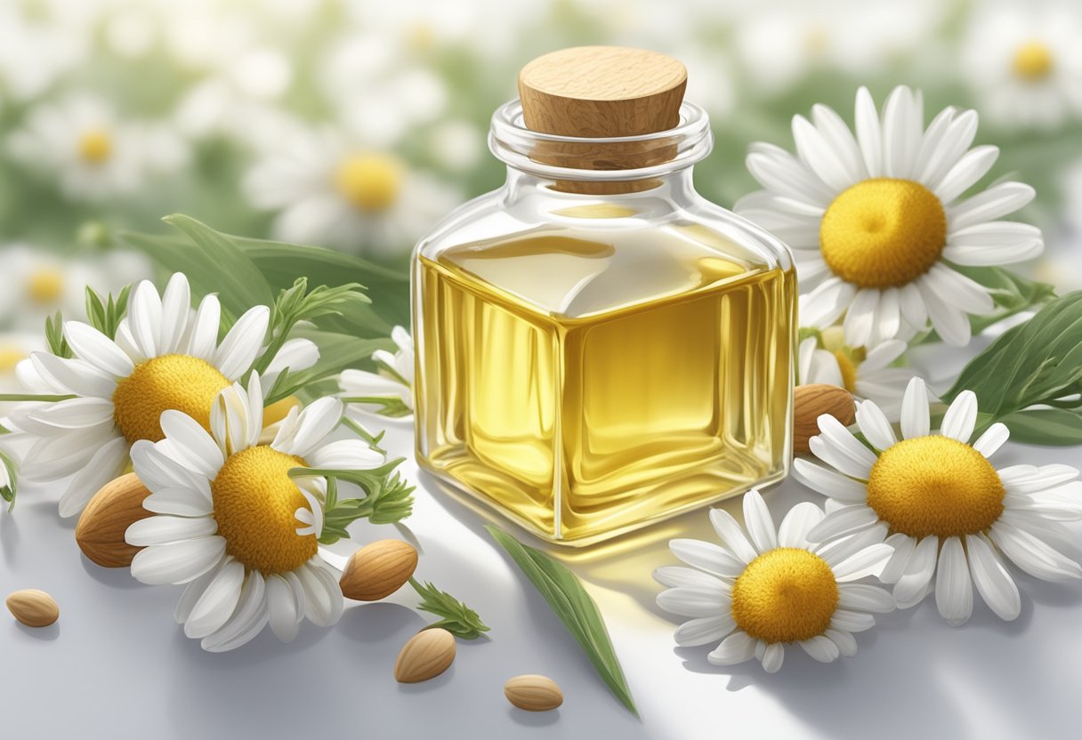 A small glass bottle filled with chamomile and almond oil sits on a clean, white surface, surrounded by fresh chamomile flowers and almonds